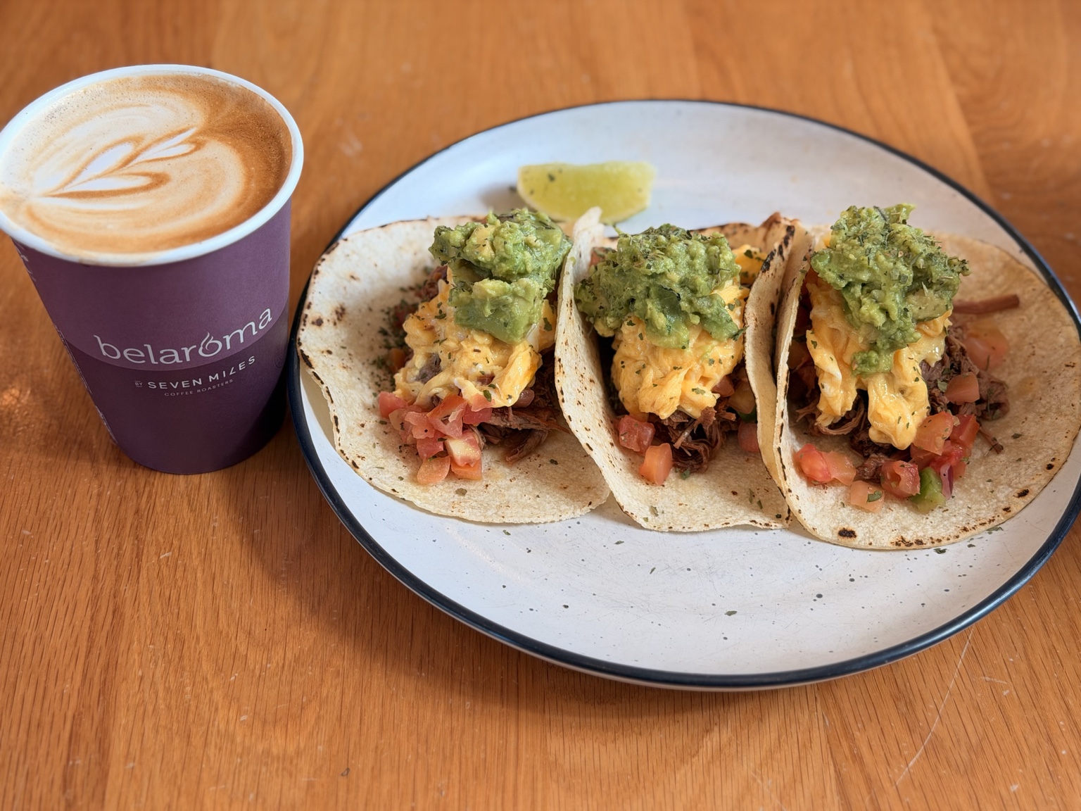 Breakfast tacos with coffee