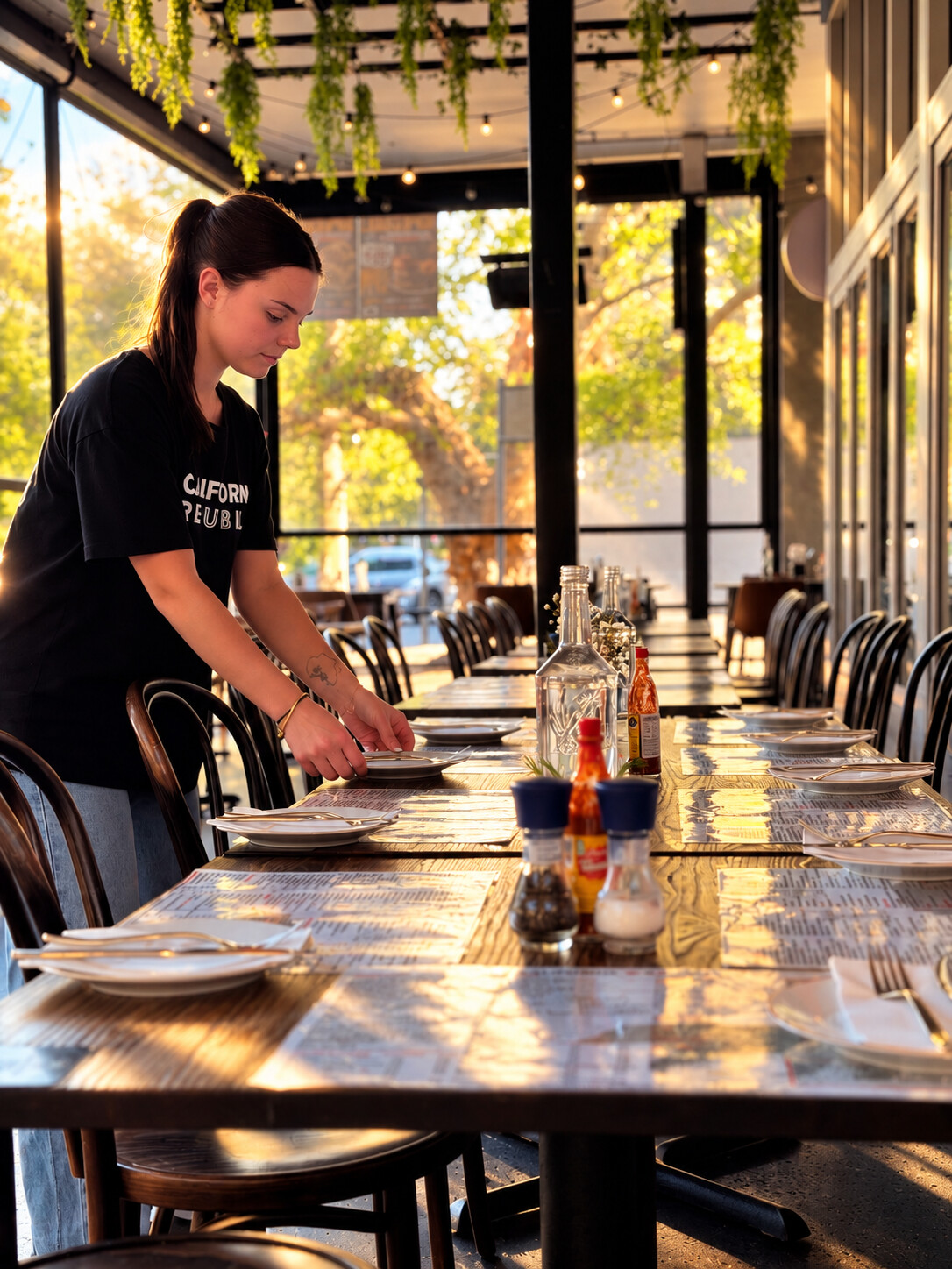 A staff member setting tables in the dining room