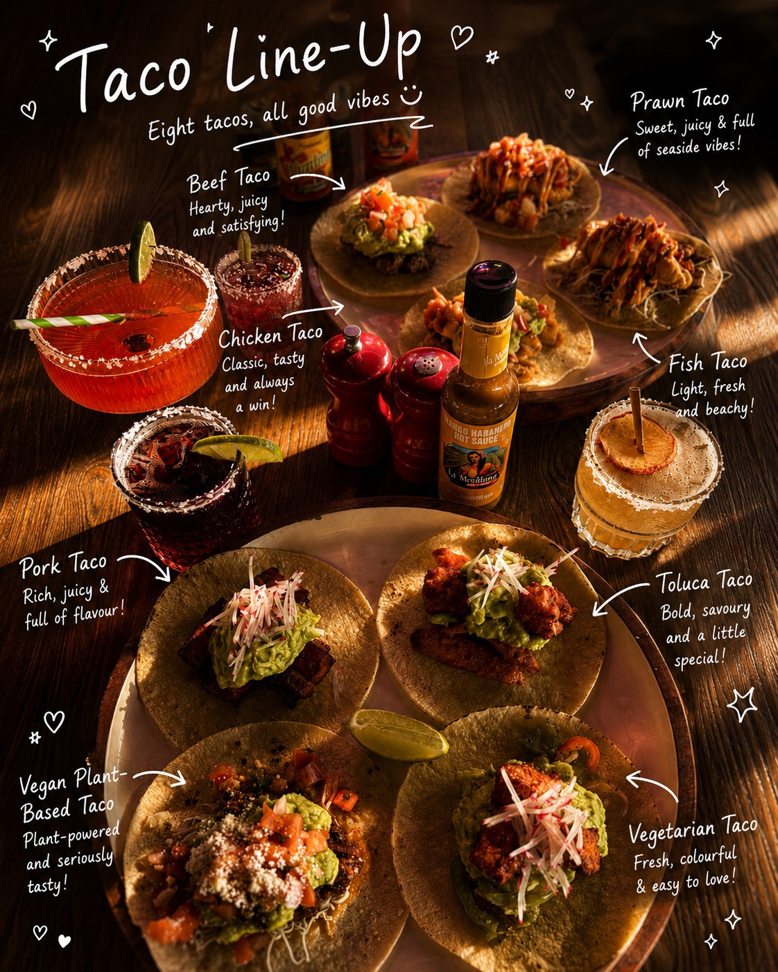 Taco Line-Up: eight labelled tacos with margaritas